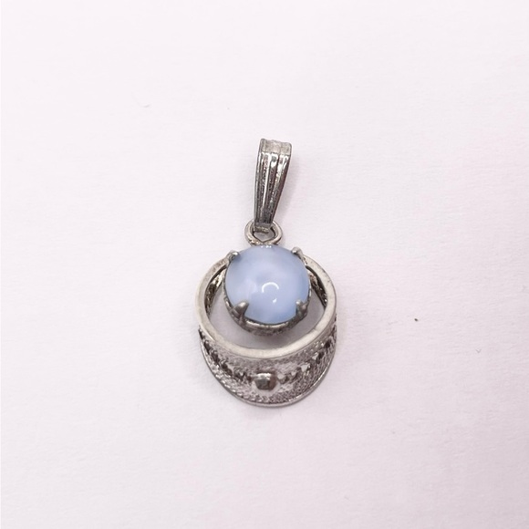 Vintage 1950’s Blue Cats Eye 925 Sterling Silver Pendant - Picture 8 of 8